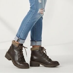 Predictions | Brown Lace Up Ankle Boots Sz 7.5 Chunky Heel Knit Collar Booties